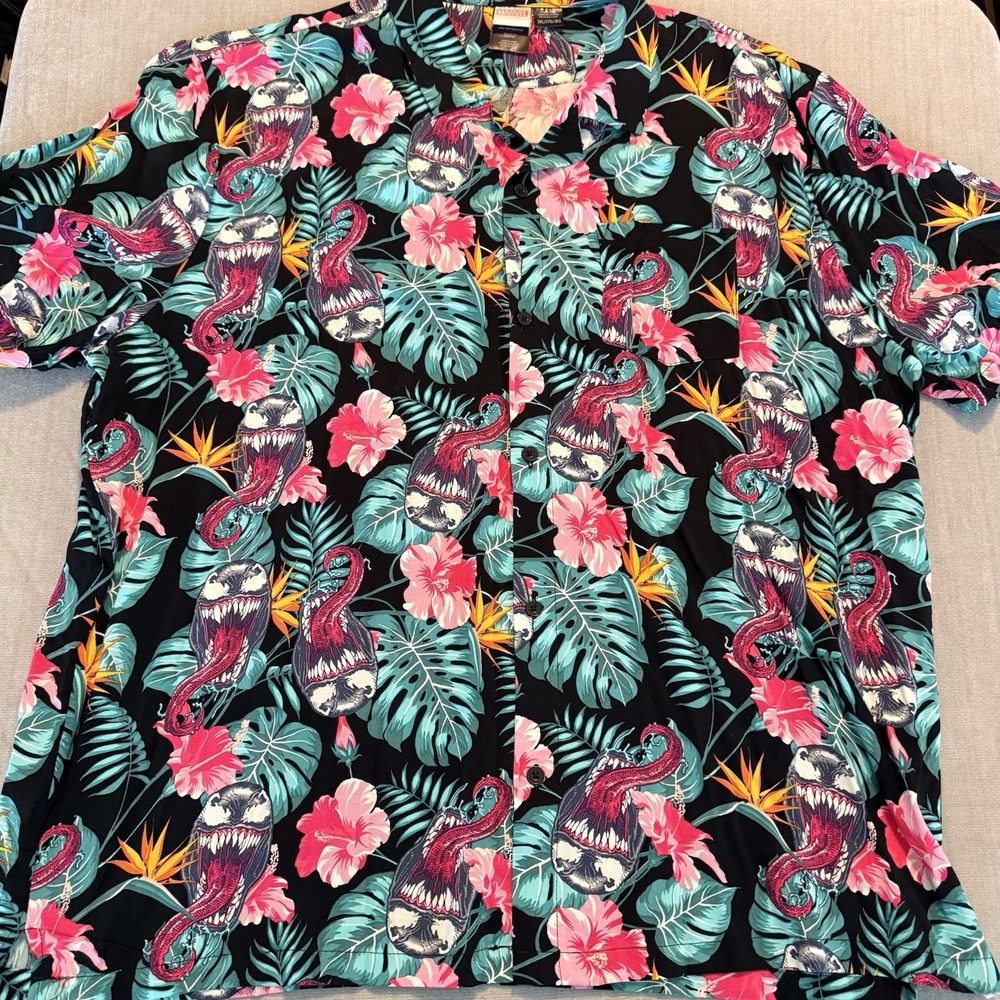 Marvel Venom Hawaiian Button Front Shirt Tropical Floral Black Men's 3XL